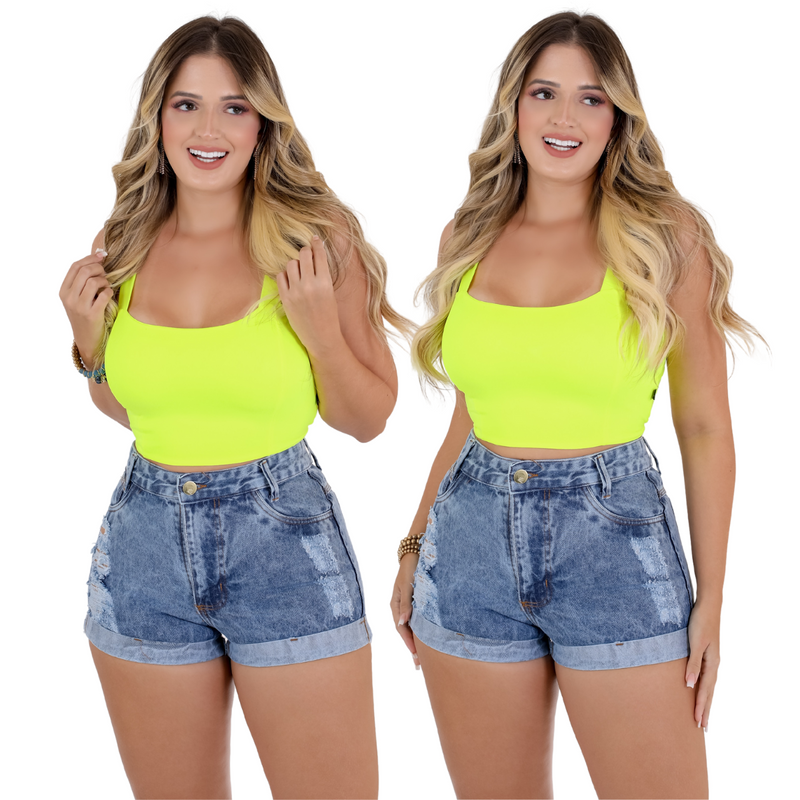 Short Jeans Feminino Cintura Alto Destroyed Barra Dobrada