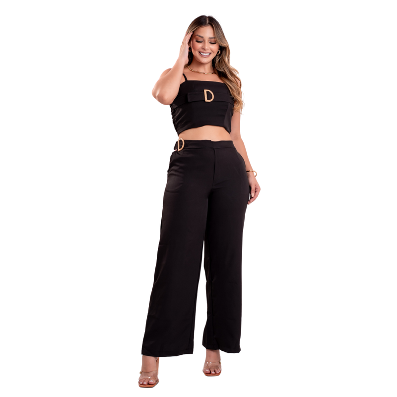 Calça Pantalona + Cropped Conjunto Feminino Preto