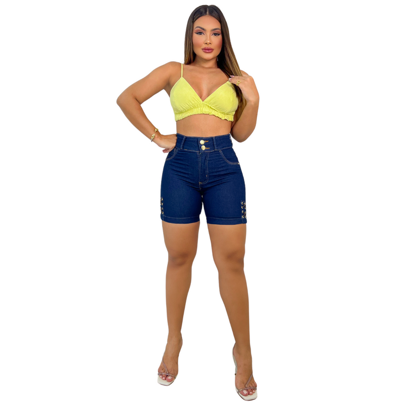 Short Jeans Feminino c/Ilhós Premium Meia Coxa Premium