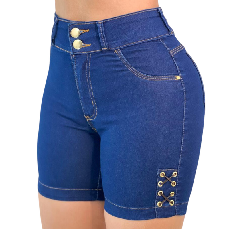 Short Jeans Feminino c/Ilhós Premium Meia Coxa Premium