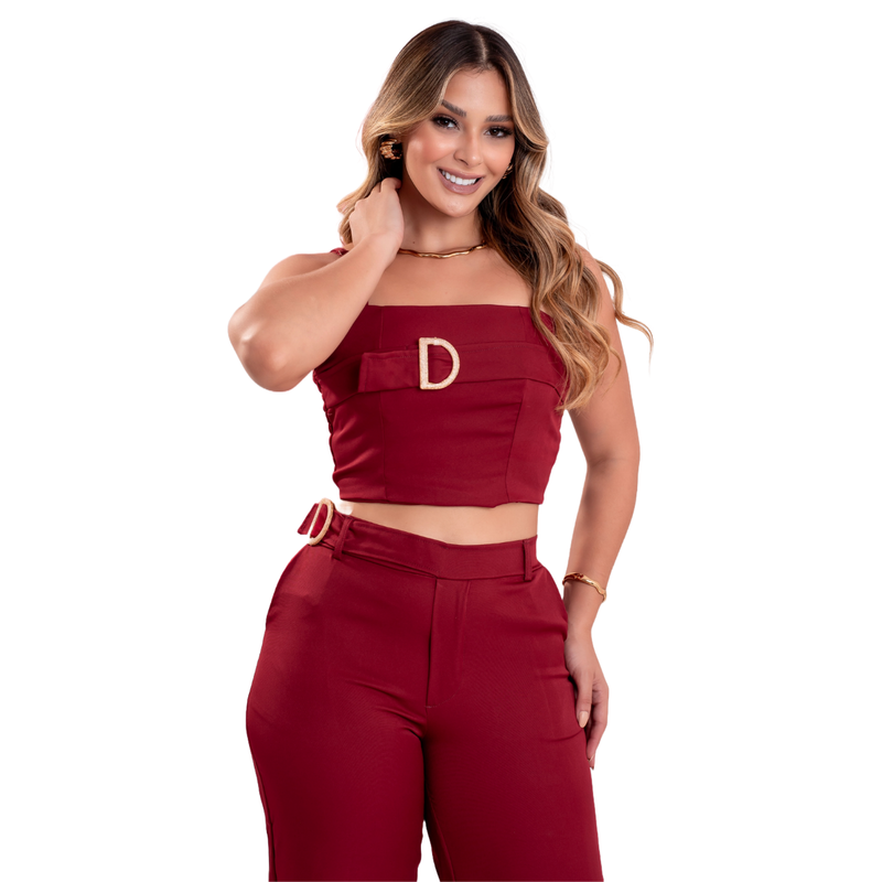 Calça Pantalona + Cropped Conjunto Feminino Vermelho