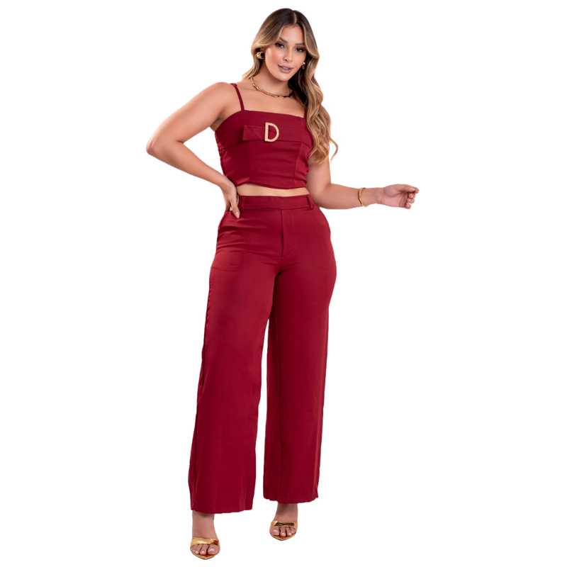 Calça Pantalona + Cropped Conjunto Feminino Vermelho