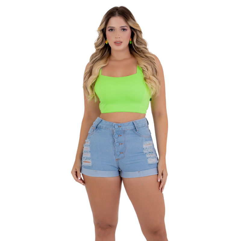 Short Jeans Feminino Cintura Alta com Detalhes Destroyed