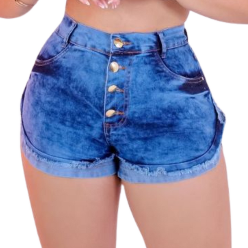 Short Jeans Feminino Curto Barra Dobrada com 4 Botões